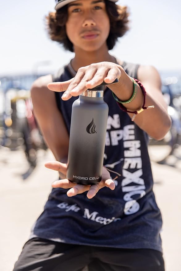 HYDRO CELL Stainless Steel Water Bottle with Straw & 2 Standard Mouth Lids (32oz 24oz 20oz 16oz) Keeps Liquids Hot or Cold w/Double Wall Vacuum Insulated Leak Proof Sport Design (Graphite/Black 20oz)