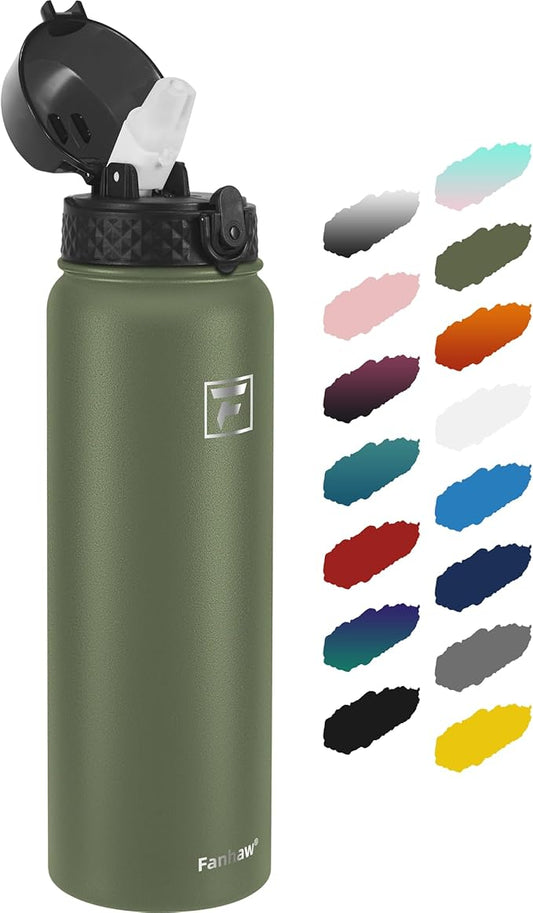 Fanhaw 32 Oz Stainless Steel Insulated Sports Water Bottles with Straw for Kids, Men and Women (Olive Green)