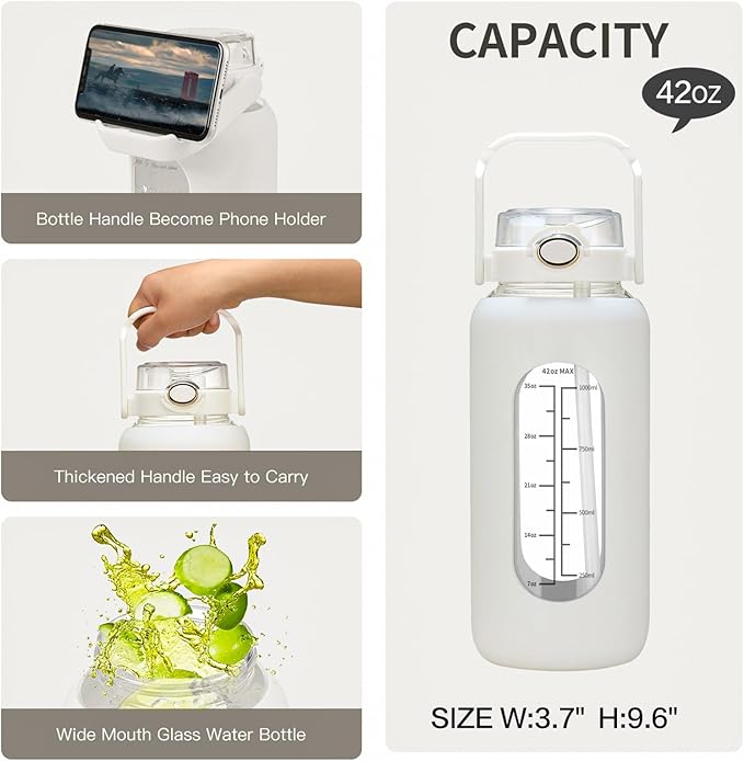42oz/52oz/64oz Glass Water Bolttles with Straw Half Gallon Large Motivational Water Bottle with Time Marker Sports Water Bottles with Silicone Sleeve and Handle Lid Water Jug for Gym Workout
