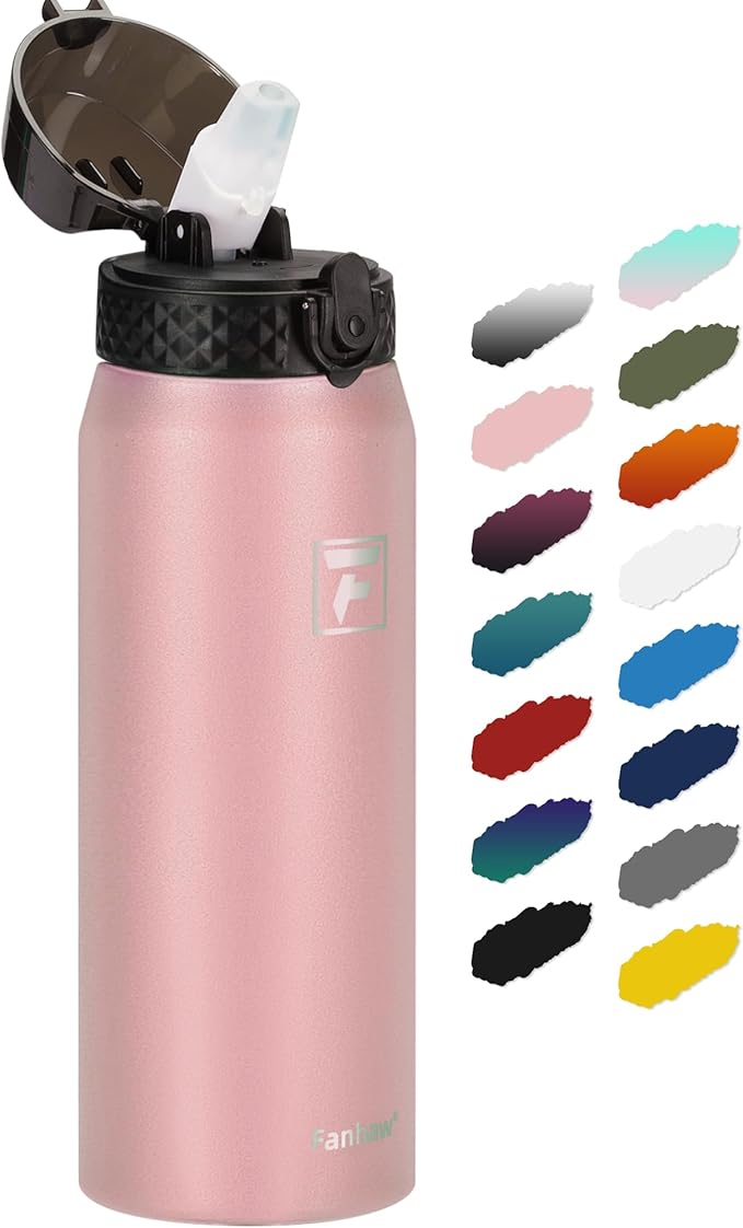 Fanhaw 24 Oz Stainless Steel Insulated Sports Water Bottles with Straw for Kids, Men and Women (Pink)
