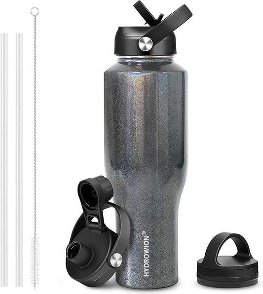 HYDROWION Water Bottle Stainless Steel,Vacuum Insulated Leak Proof Tumbler 32oz with Straw Lid, Spout Lid and Flex Cap(Cold for 48 Hrs, Hot for 24 Hrs), Fit in Any Car Cup Holder, Laser Grey