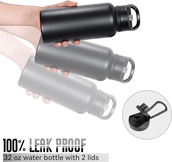 32 oz Insulated Water Bottle Bulk 4 Pack, Stainless Steel Sports Water Bottles with Straw Lid & Wide Mouth Lids, Double Walled Vacuum, Leak Proof, Black
