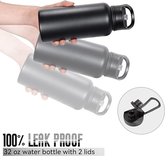 32 oz Insulated Water Bottle with Straw Lid & Wide Mouth Lids, Stainless Steel Sports Water Bottles, Double Walled Vacuum, Leak Proof, Black
