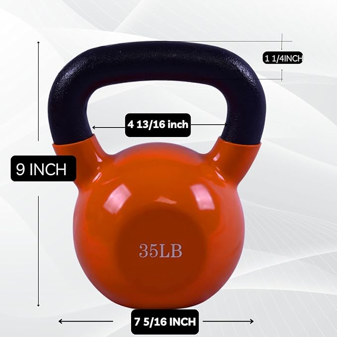 BESEA Orange Vinyl Coated Kettlebell 20~45LBS, Wide Grip Handle, Stable Flat Base, Strength Training, Durable kettle bells