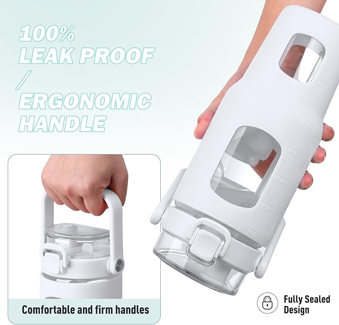 BLUEGO 32oz Glass Water Bottles with Straw Time Marker Half Gallon Large Motivational Water Bottle with Silicone Sleeve 2 Liter Large Glass Water Jug for Gym, Sports& Workout, Daily, White