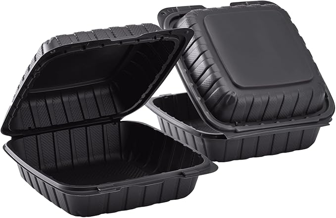 KARAT EARTH Clamshell Take Out Food Containers [8"x8" - 200 ct] To Go Containers | Microwavable, Freezer Safe, Soak-Resistant, Durable, Stackable | Vented for Hot/Cold Foods, Black