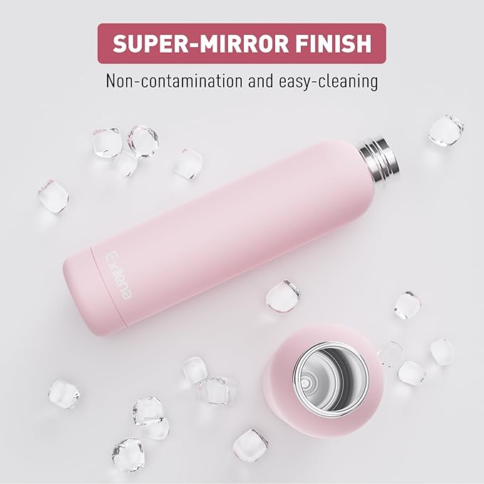 Slim Insulated Water Bottles for Travel 25oz with Clip, Double Wall Vacuum Stainless Steel Water Bottle Keeps Drinks Cold 24 Hrs/Hot 12 Hrs, 100% Leakproof, BPA Free(Pink)