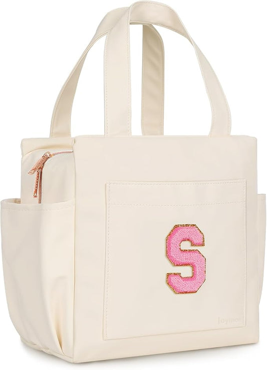 Joymee Leather Lunch Box Lunch Bag for Women Adult Insulated Reusable Leakproof Large Spacious Lunch Cooler Lunch Tote Bag with Bottle Holder and Side Pockets for Work Picnic Beach (Letter S)