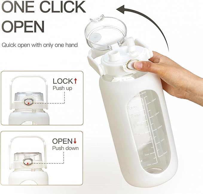 42oz/52oz/64oz Glass Water Bolttles with Straw Half Gallon Large Motivational Water Bottle with Time Marker Sports Water Bottles with Silicone Sleeve and Handle Lid Water Jug for Gym Workout