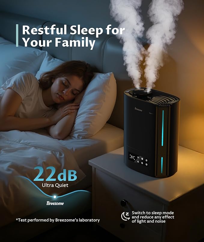 BREEZOME 6L Humidifiers for Bedroom Large Room & Essential Oil Diffuser, Ultrasonic Top Fill Cool Mist Humidifiers for Baby, Plants, Nursery Last up to 60 Hours, Smart Humidistat Control, Quiet, Black