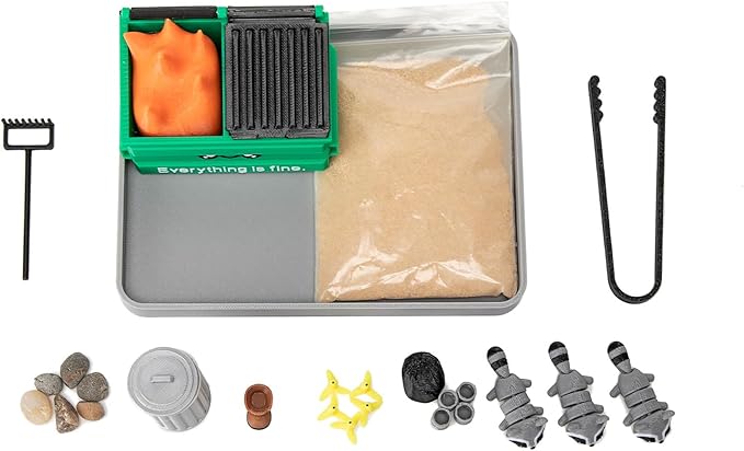 Stylor Dumpster Fire Zen Garden Desk Decor - 3D Print Plastic Miniature Sandbox with Raccoon & Flames, Humorous Office Stress Relief Gift, Includes Stones, Sand & Accessories