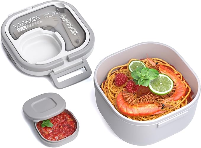 Bento Box for Adults & Kids – Single Compartment Lunch Box,Food Container,BPA-Free,Microwave & Dishwasher Safe with Removable Divider,Utensils & Sauce Jar-White