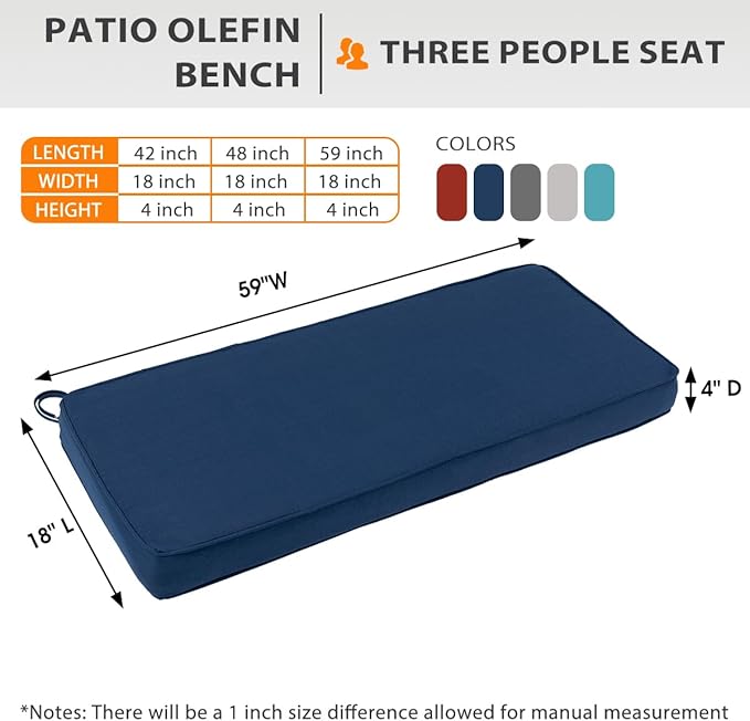 Sundale Outdoor Olefin Bench Cushion， Water-Resistant Patio Couch Cushion, Loveseat Sofa Pad with Straps Dark Blue, 59 x 18 x 4 Inches