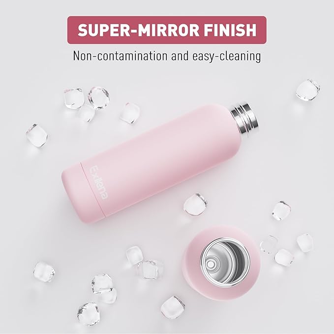 Slim Insulated Water Bottles for Travel 18oz with Clip, Double Wall Vacuum Stainless Steel Water Bottle Keeps Drinks Cold 24 Hrs/Hot 12 Hrs, 100% Leakproof, BPA Free(Pink)