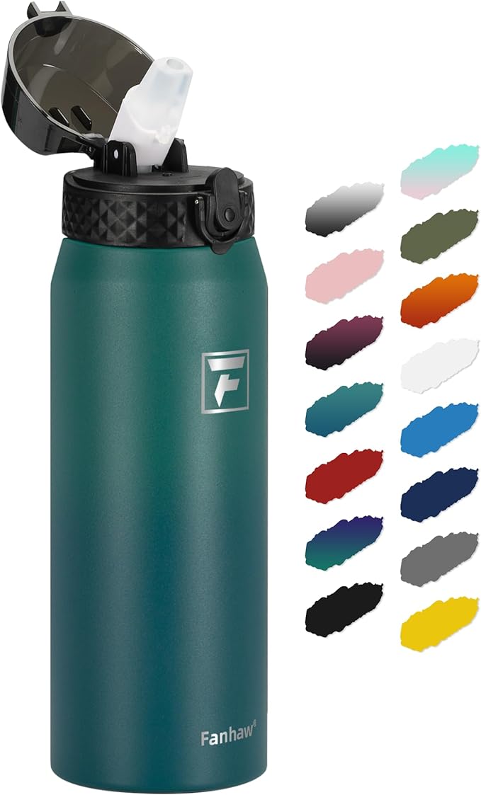 Fanhaw 24 Oz Stainless Steel Insulated Sports Water Bottles with Straw for Kids, Men and Women (Green Blue)