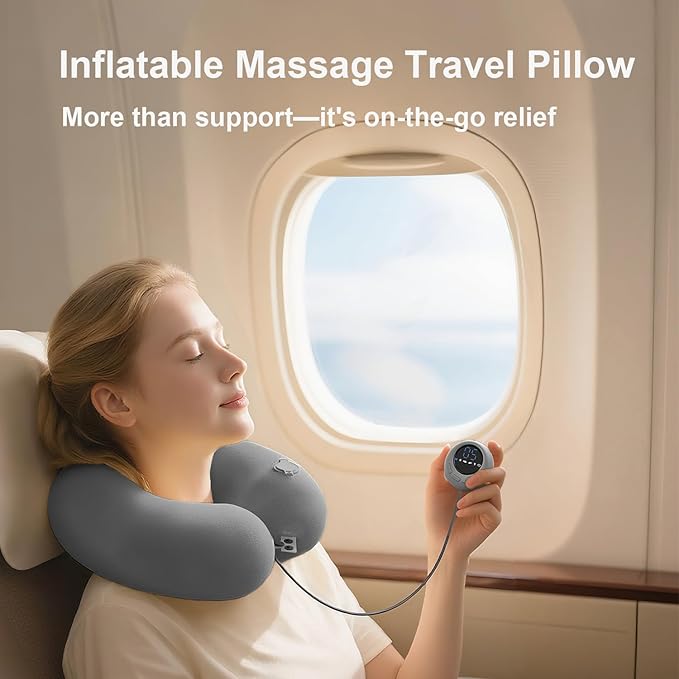 Inflatable Massage Travel Pillow for Airplane, Inflatable Travel Pillow with 6 Massage Modes and Compact Bag, U Shaped Neck Pillow for Airplane, Traveling, Train, Car, Sleeping, Office