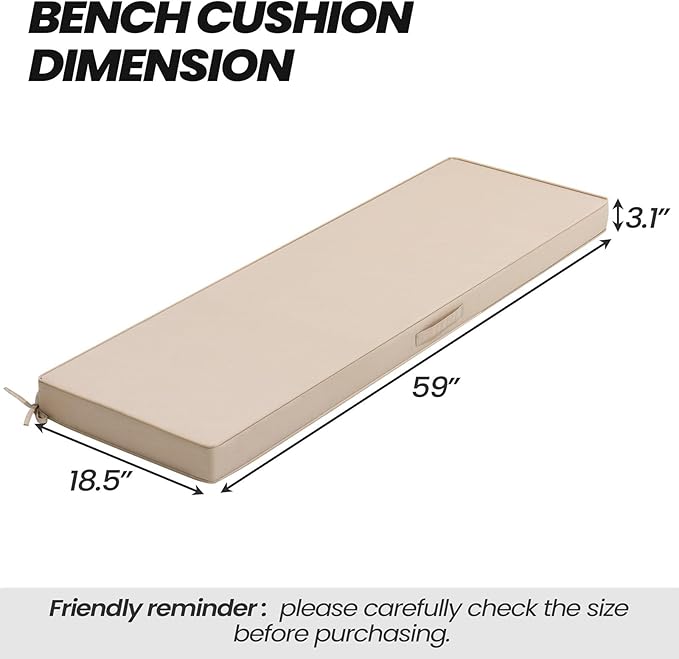 Crestlive Outdoor Bench Cushion 59 x 18 Inch, Waterproof Patio Furniture Cushions, Fade-Resistant Porch Swing Replacement Pad, Adjustable Straps and Handle, Beige