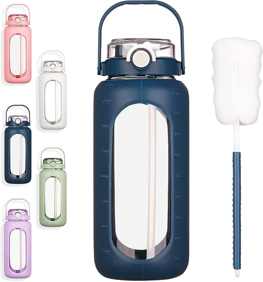 BLUEGO 64oz Glass Water Bottles with Straw Time Marker Half Gallon Large Motivational Water Bottle with Silicone Sleeve 2 Liter Large Glass Water Jug for Gym, Sports& Workout, Daily, Dark Blue