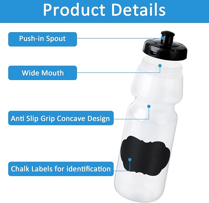 6 Pack 25 oz Sports Water Bottles Sports and Fitness Squeeze Water Bottles BPA Free come with 8 pcs Chalk Labels, 1 Pen(Dishwisher Safe)