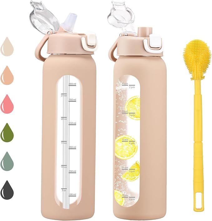 32 oz Glass Water Bottles with 2 Lids-Handle Spout Lid & Straw Lid, 1 Liter Motivational Borosilicate Water Bottle with Time Marker and Silicone Sleeve,Leakproof-Amber-1 Pack