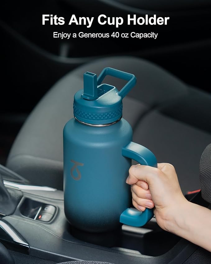 Trebo Insulated Water Bottle 40oz that Fits in Car Cup Holder with Spout Straw Lids, Stainless Steel Bottles Travel Flask with Handle, Metal Reusable Tumbler, Leakproof Keep Cold &Hot,Indigo/Black