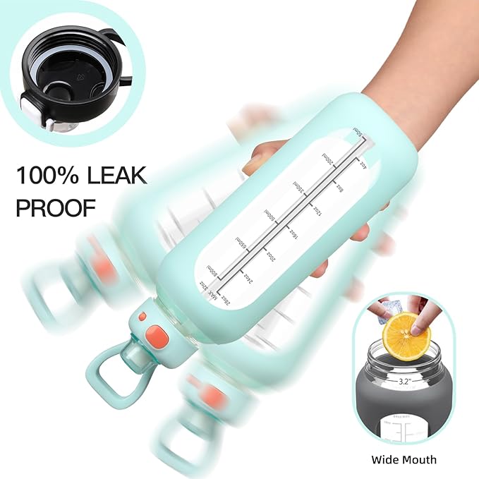 SIEROZUR 32 Glass Water Bottle with Straw and Handle Motivational Water Bottles with Silicone Sleeve and Time Marker Leakproof Borosilicate Water Bottle for Gym Home Office