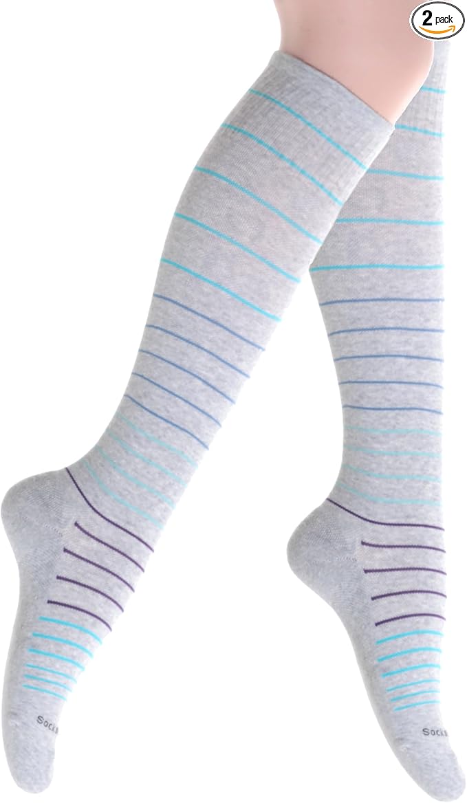 Cotton Compression Socks for Women & Men. 15-20 mmHg Support Knee-High Misty Gray Stripes M/L