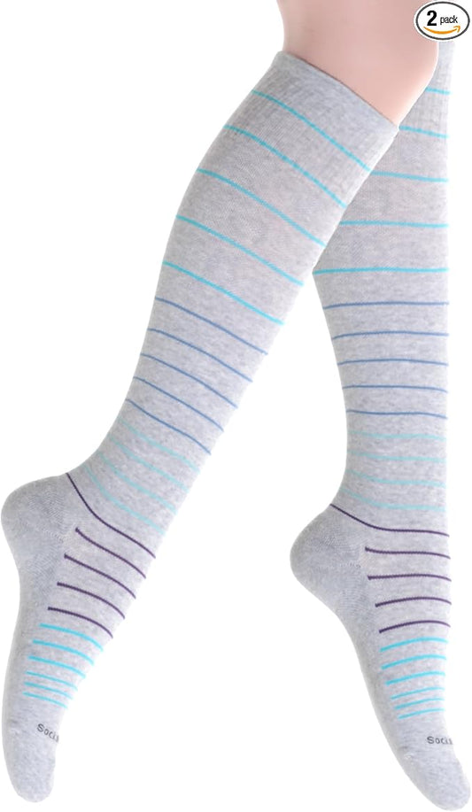 Cotton Compression Socks for Women & Men. 15-20 mmHg Support Knee-High Misty Gray Stripes S/M