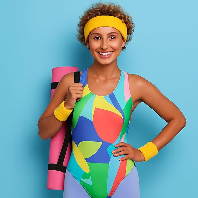 48 Pcs Football Sweatbands Bulk for Men Women Striped Sweatband Set, Include 16 Headband and 32 Wristbands Sports Neon Accessories for 80's Costume Party Athletic Gym