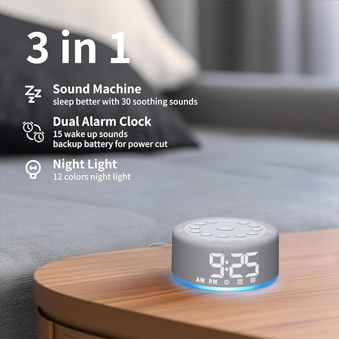 Sound Machine Night Light White Noise Brown Noise Machine Alarm Clock with Dual Alarms Backup Battery 30 Sleeping Sounds for Baby Kids Adults 32 Level Volume 5 Timers 15 Wake Up Sounds Memory Function
