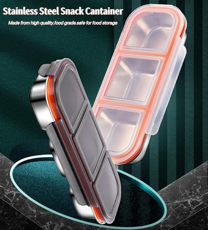 2 Piece Stainless Steel Snack Containers with Lids, Reusable 3 Compartment Snack Containers, Divided Food Storage Containers Box Sauce Cups for School, Travel, Home (3 Compartment-black)