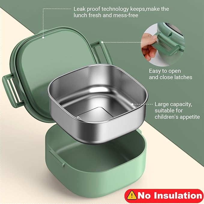 Single-Layer Bento Lunch Box for Kids & Adults with Removable Stainless Steel Lunch Container,Dressing Container,BPA-Free,Dishwasher Safe - Includes Utensil(Green,Not Insulated)