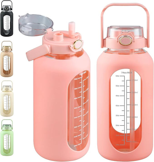 SIEROZUR 74oz Glass Water Bottle with Straw and Lid Large Gallon Water Jug with Silicone Sleeve and Handle 2.2 liter Wide Mouth Bottle with Time Marker for Gym Sports& Workout