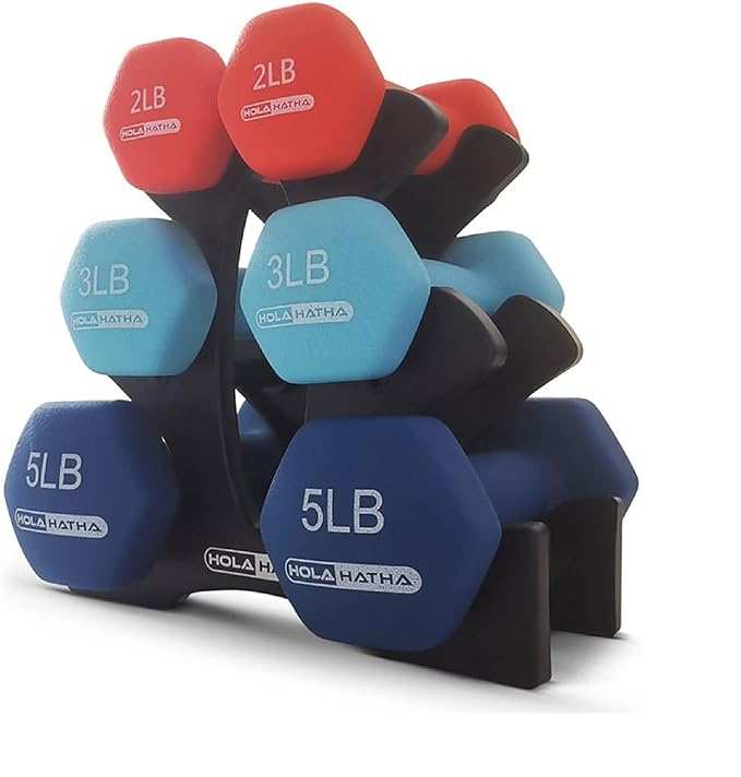 HolaHatha 2, 3, 5, 8, and 10 Pound Neoprene Dumbbell Free Hand Weight Set with Rack, Ideal for Home Exercises to Gain Tone and Definition, Pastel