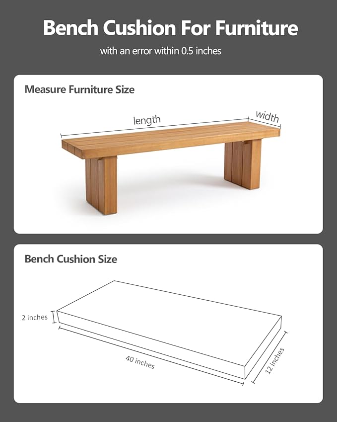 40x12x2 Outdoor Bench Cushion, Strengthen Waterproof Seat Cushions, High-Density Bench Pad with Anti-Slip Bottom, Outdoor Cushion for Patio Garden Swing Furniture - Grey