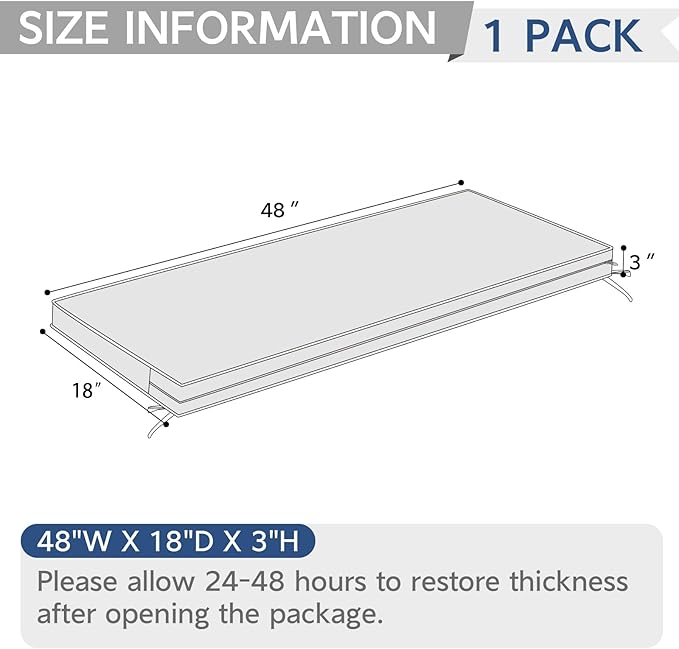 Outdoor Bench Cushion, Patio Furniture Cushion 48 x 18 x 3 Inch, Water Resistant Garden Sofa Swing Pad Settee Loveseat Couch Replacement Cushion, 1 Pack, Swaying Palms Blue