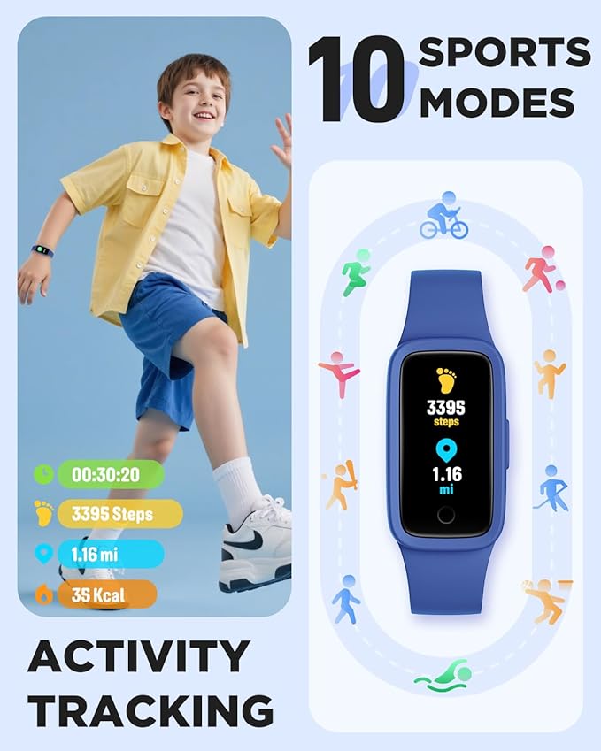 BIGGERFIVE Vigor 3 Kids Fitness Tracker Watch, AMOLED Screen, No App No Phone Needed, 3ATM Waterproof, Heart Rate and Sleep Monitor, Pedometer Watch, Sports Step Counter for Boys Girls Ages 5-15, Blue