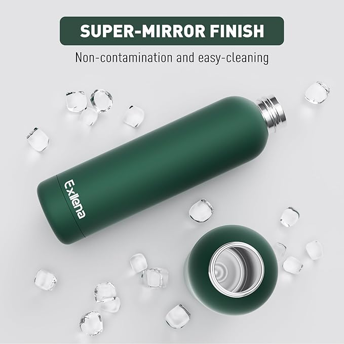 Slim Insulated Water Bottles for Travel 32oz with Clip, Double Wall Vacuum Stainless Steel Water Bottle Keeps Drinks Cold 24 Hrs/Hot 12 Hrs, 100% Leakproof, BPA Free(Emerald Green)