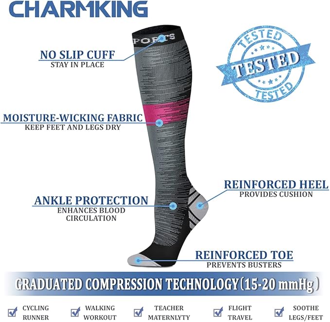 CHARMKING Compression Socks for Women & Men Circulation (8 Pairs) 15-20 mmHg is Best Support for Athletic Running,Hiking