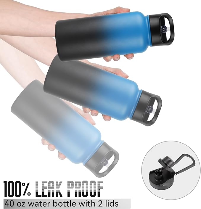 32 Oz Insulated Water Bottle with Straw Lid & Wide Mouth Lids, Stainless Steel Sports Water Bottles, Double Walled Vacuum, Leak Proof, Blue Black Gradient
