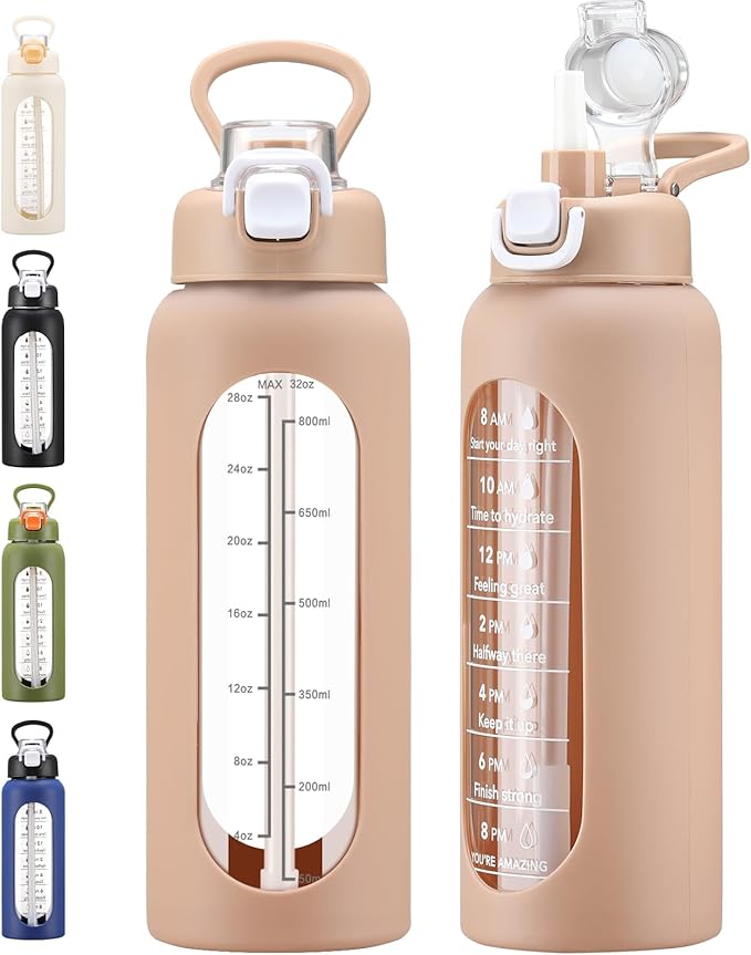 32 oz Glass Water Bolttles with Straw Large Motivational Water Bottle with Time Marker Sports Water Bottles with Silicone Sleeve and Handle Lid Water Jug for Gym Workout