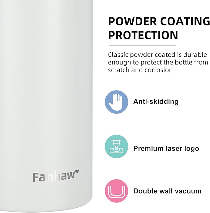 Fanhaw 24 Oz Stainless Steel Insulated Sports Water Bottles with Straw for Kids, Men and Women (White)