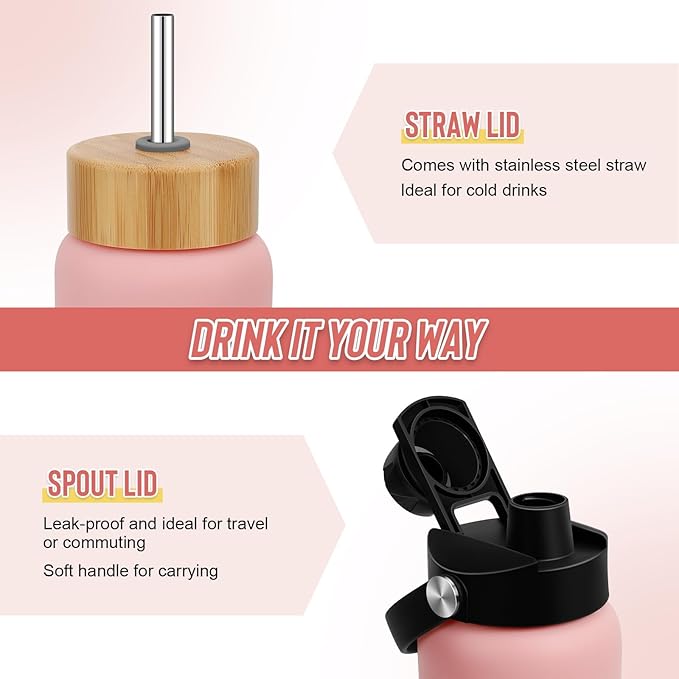 32 oz Glass Water Bottles - 1 Liter Motivational Tumbler Water Bottle Time Marker - Borosilicate Glass Water Bottle With Silicone Sleeve and 2 Lids, Handle Spout & Bamboo Straw Lid