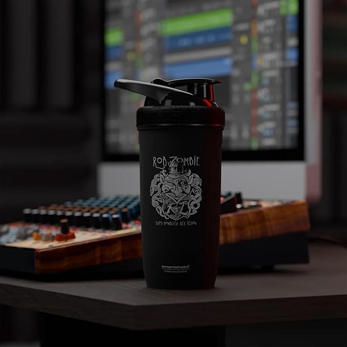 Smartshake Rockband Reforce Stainless Steel Protein Shaker Bottle 900 ml | 30 oz - Leakproof Screw-on Lid - BPA Free Non Insulated – Unisex - R. Zombie Logo on Bottle