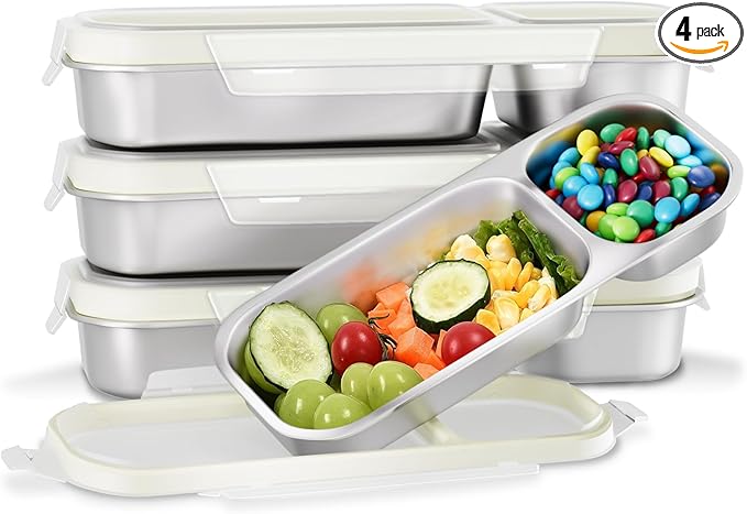 Stainless Steel Snack Containers for Kids Adults, 4 Pack 2 Compartment Metal Snack Containers Box with Lid, Reusable Food Storage Container, Leak Proof, Grab and Go
