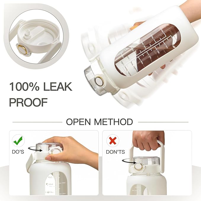 42oz/52oz/64oz Glass Water Bolttles with Straw Half Gallon Large Motivational Water Bottle with Time Marker Sports Water Bottles with Silicone Sleeve and Handle Lid Water Jug for Gym Workout