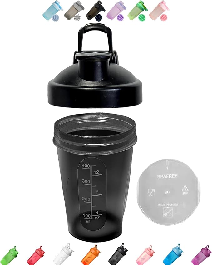 Protein Shaker Bottle w. Classic Loop Top & Stainless Whisk Ball, Classic Shaker Bottle, Best Small Shaker Bottle w. Whisk Ball,16 Oz Kitchen Shaker Bottle-16 Oz,Black