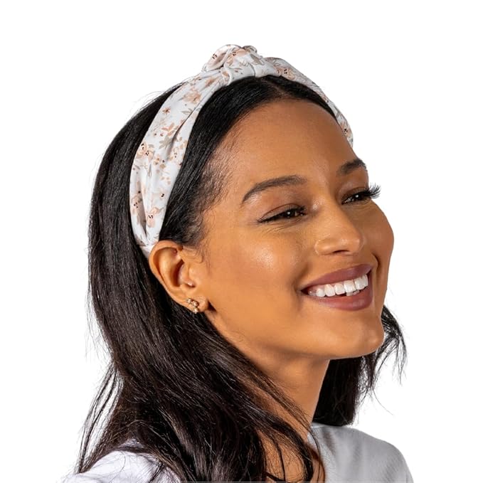 Knotted Headband for Women (Neutral Florals), Wide Knotted Headband in White Chiffon with Neutral Beige Floral Pattern