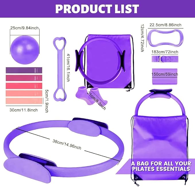 Pilates Essentials Kit for Women - 13-Piece Home Pilates Equipment Set, Includes Pilates Ring, Resistance Bands, Yoga Ball - Perfect for Women's Home Workouts & Beginners