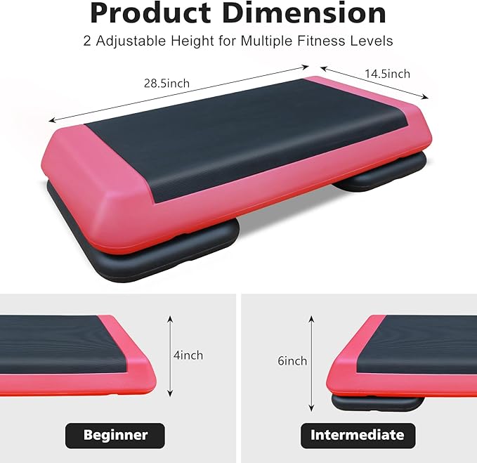 28.5'' Exercise Aerobic Step Platform, 4-6-8inAdjustable Fitness Stepper Workout with 4 Stackable Risers, Aerobics Stepper Workout Stepper for Home Gym Cardio Strength & Training (Red & Gray)